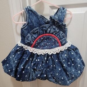 Vintage 80s Baby Girls Sleeveless Acid Wash Jean Dress with White Lace Sz 12 mo.